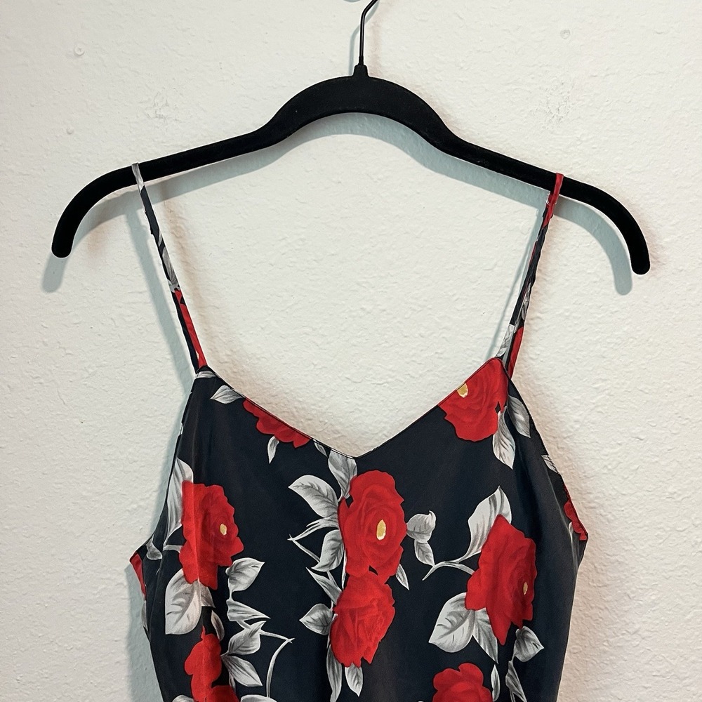 Vintage 90's Slip Dress Chemise Medium 100% Silk Black Floral Satin Babydoll - Picture 2 of 15